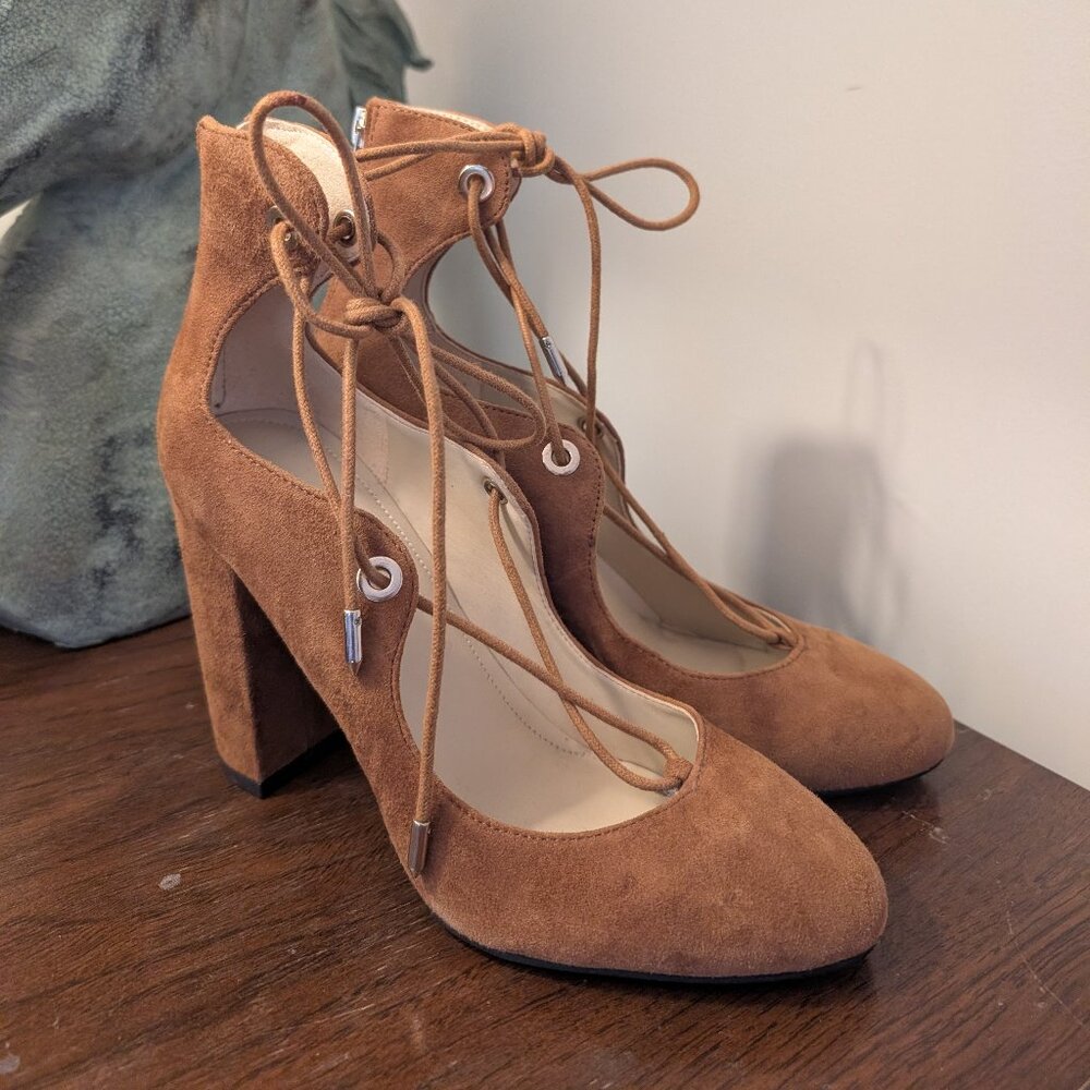 Marc Fisher Tan Suede Lace Up Pump Heels